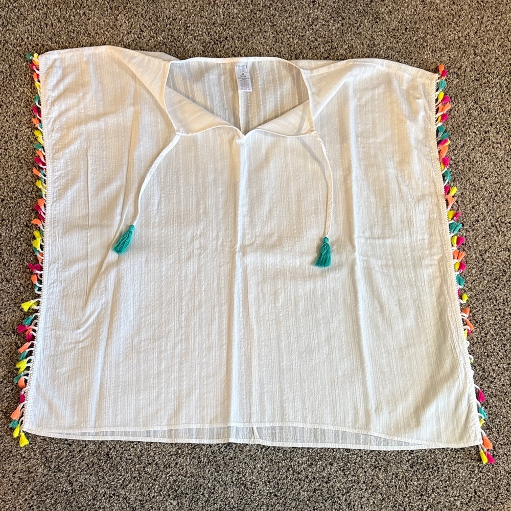 Time and Tru White Swim Coverup with Colorful Tassels